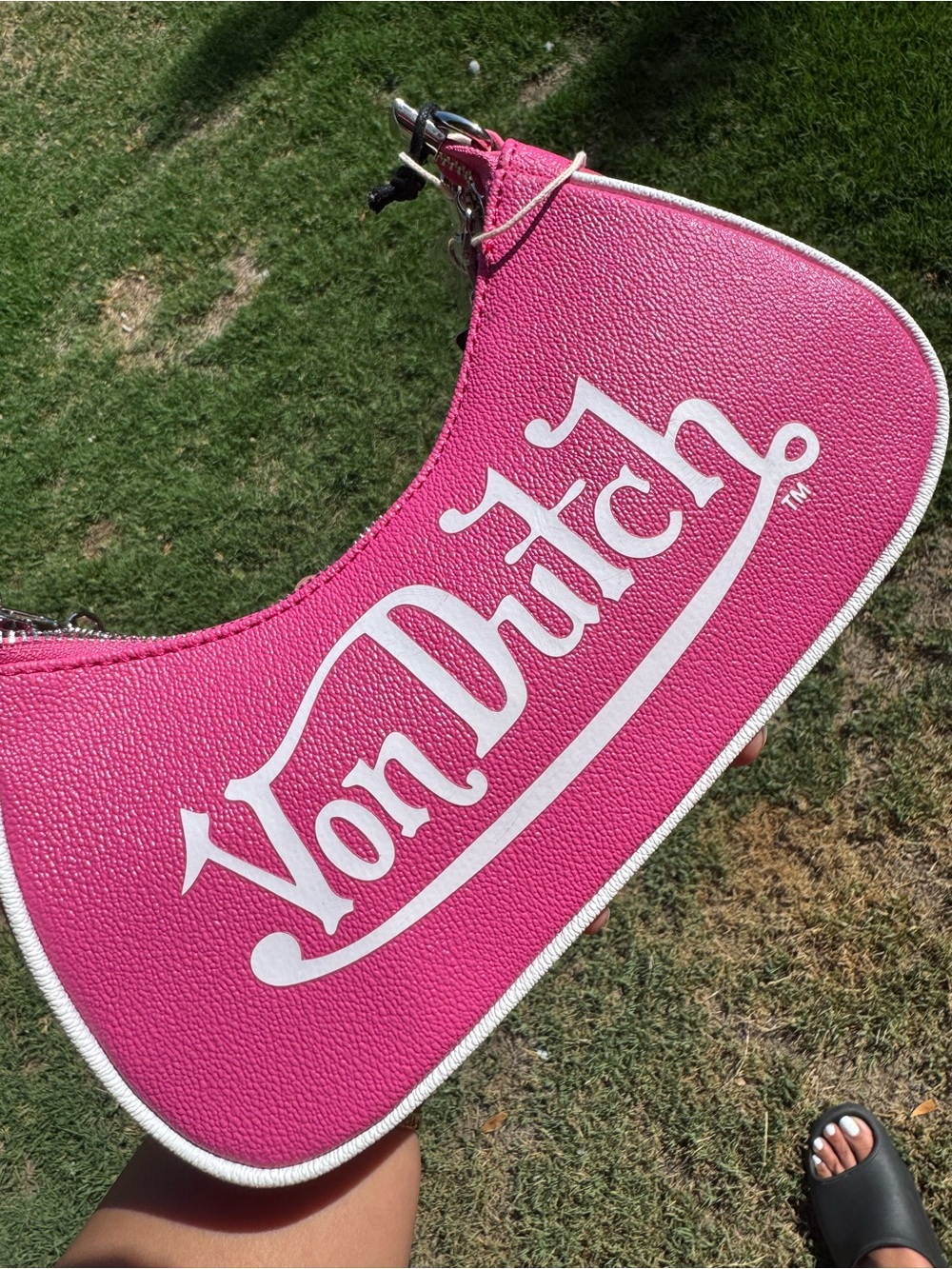 Von Dutch Hot Pink Logo Crescent Shoulder Bag with White Trim